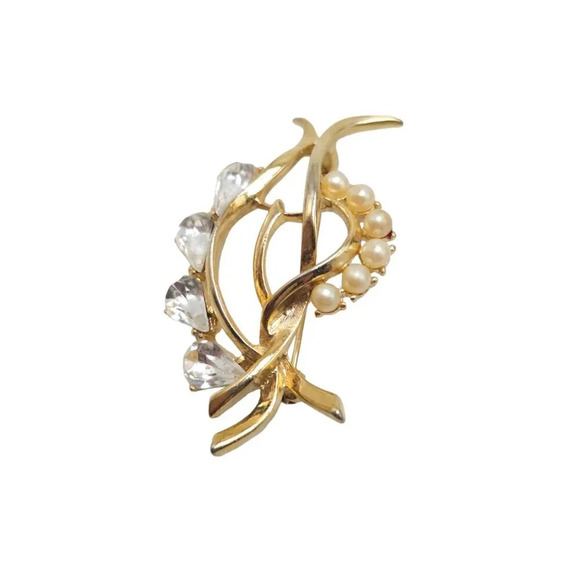 Clear Rhinestone Faux Pearl Beaded Open Leaf Brooch Pin Gold Tone Vintage - Picture 2 of 4